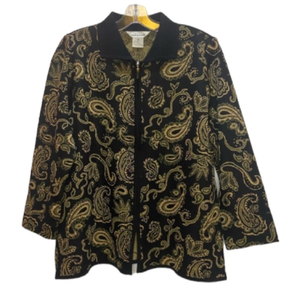 Misook Paisley Black Cream Olive Zipper Jacket